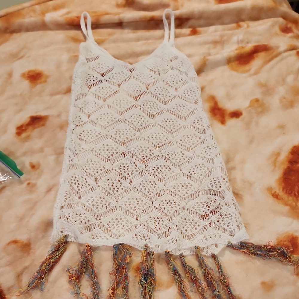 White Crochet Fringe Coverup SHEIN
